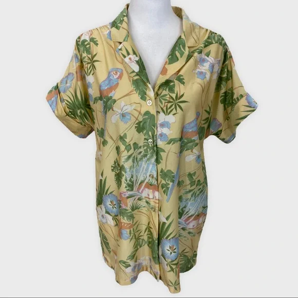 Vintage Pale Yellow Bird Palm Tree Hawaiian Coconut Girl Button Down - Picture 9 of 9